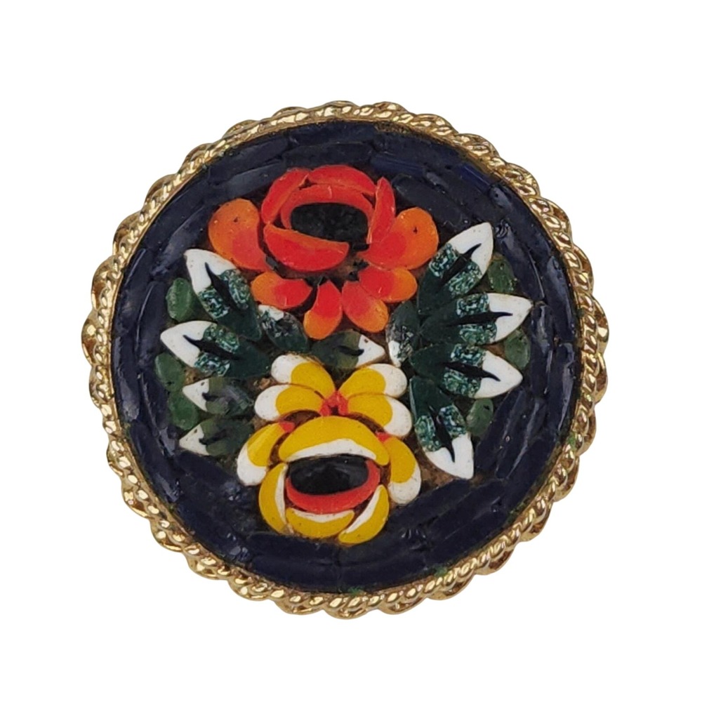 Vintage Italian Glass Micro Mosaic Brooch Floral Gold Tone Pin